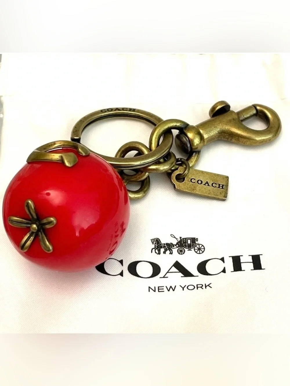 Coach Red Apple Charm Key Ring with Antique Gold Hardware! With Iconic C NWB!